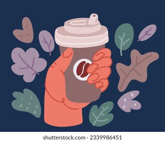 Cartoon vector illustration of hands holding paper cup with coffee over dark backround.