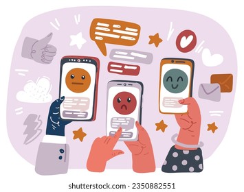 Cartoon vector illustration of Hands holding phone with messages, icons and emoji. Communication concept Social networking concept.