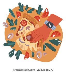 Cartoon vector illustration of Hands holding fast junk food, slices of pizza, donuts. International No Diet Day.