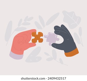 Dibujo vectorial de dibujos animados de manos que sostienen piezas del rompecabezas.