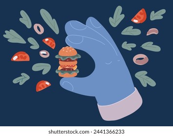 Cartoon vector illustration of Hands holding a burger. Hamburger or sandwich