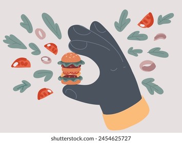 Cartoon vector illustration of Hands holding a burger. Hamburger or sandwich. Fast food concept. .