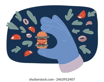 Ilustración vectorial de dibujos animados de manos sosteniendo una hamburguesa. Esbozo de contorno de hamburguesa o sándwich sobre fondo oscuro