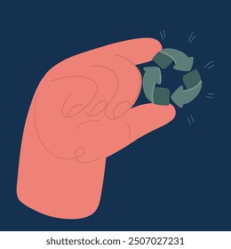 Cartoon vector illustration of hands holding recycling sign. Sorting, recycling waste concept over dark background