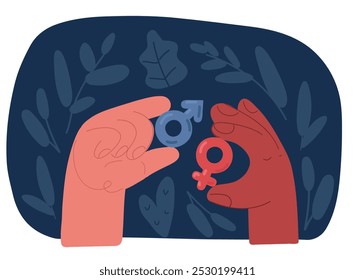 Cartoon, Vektorgrafik von Händen, die männliche und weibliche Geschlechterzeichen halten, die Gleichheit symbolisieren, einzeln auf rosafarbenem und gelbem Hintergrund. Sexuelle Erziehung. Konzept von Liebe, Freiheit, Bewusstsein