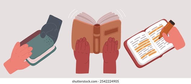 Cartoon vector illustration of hands holding books Education, self-learning, book swap, hobby, relax time. Rear view, highlight marks by marker, textbook, Changing