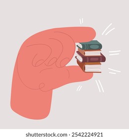 Cartoon vector illustration of Hands holding small miniature stack books,