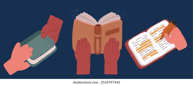 Cartoon vector illustration of hands holding books share knowledge and study. holding books Education, self-learning, book swap, hobby, relax time. Rear view, highlight marks by marker, textbook, 