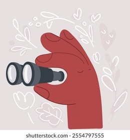 Cartoon vector illustration of Hands holding binoculars, Concept of search, vision, view, spying. Future strategy, business opportunity, exploration.
