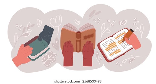 Cartoon vector illustration of hands holding books share knowledge and study. Education, self-learning, book swap, hobby, relax time. Rear view, highlight marks by marker, textbook, 