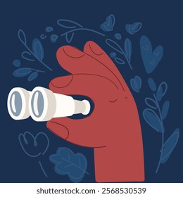 Cartoon vector illustration of Hands holding binoculars, big eyes looking forward through lenses. Concept of search, vision, view, spying. Future strategy, business opportunity, exploration over dark