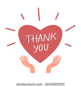 Cartoon vector illustration of hands holding heart symbol with 'Thank you' phrase. Donation, charity, volunteer concept. Hand-drawn clip art for web, card, sticker, social media, or print. 