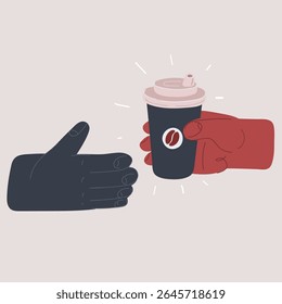 Cartoon vector illustration of hands holding a cup of coffee in paper cup with coffee take away. Handing over to another person