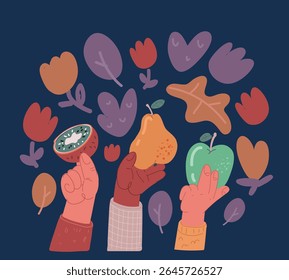 Cartoon vector illustration of hands are holding kiwi, pear, green apple over dark background