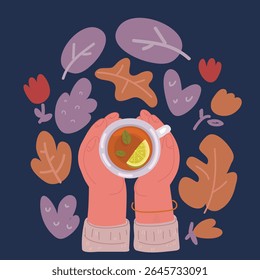 Cartoon vector illustration of hands holding hot drinks in different cups. Hands holding cups of tea or coffee. Rear and top view. Beverages and drinks concept, Plastic cup and mugs over 