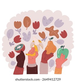Cartoon vector illustration of hands holding kiwi, apple, banana, pear over dark background