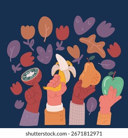 Ilustración vectorial de dibujos animados de manos sosteniendo kiwi, manzana, plátano, pera sobre fondo oscuro