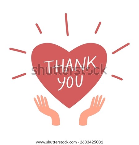 Cartoon vector illustration of hands holding heart symbol with 'Thank you' phrase. Donation, charity, volunteer concept. Hand-drawn clip art for web, card, sticker, social media, or print. 