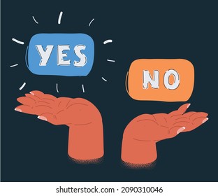 La ilustración vectorial de caricatura de las manos mantiene la escala para pesar la respuesta a SÍ o NO en equilibrio. Objeto en el fondo oscuro.