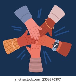 Cartoon vector illustration of hands of a multinational people making a gesture of unity, cohesion and support. A stack of hands over dark background
