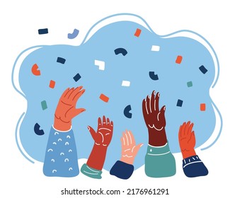 Cartoon vector illustration of hands up over blue backround