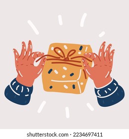 Las manos de la ilustración vectorial de dibujos animados están empaquetando pequeños regalos envueltos. Concepto reciente.