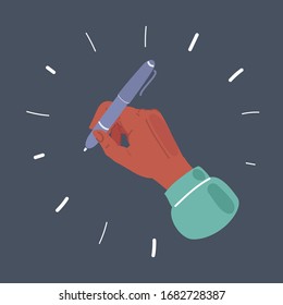 Cartoon vector illustration of hands with pen on dark background.