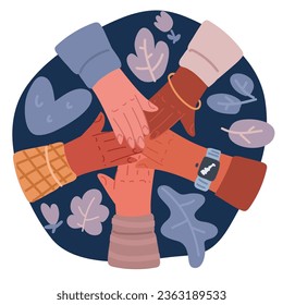 Cartoon vector illustration of hands of people making a gesture of unity, cohesion and support. A stack of hands over dark backround