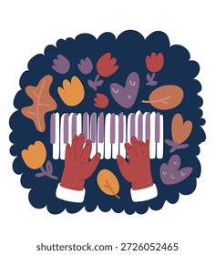 Cartoon vector illustration of hands playing on the piano over dark background.