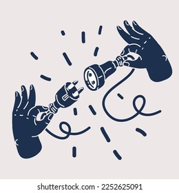 Cartoon vector illustration of hands are Plug in power outlet adapter