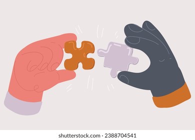 Cartoon vector illustration of hands put together puzzles parts