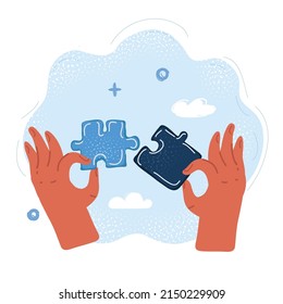 Cartoon vector illustration of hands puts two piece jigsaw puzzle together.