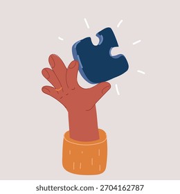 Ilustração vetorial de desenhos animados de mãos com peça de quebra-cabeça. Quebra-cabeça sozinho de madeira contra raios de sol. uma parte de todo. Símbolo de associação e conexão. Estratégia de negócios.