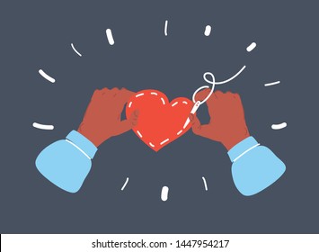 Cartoon vector illustration of hands sewing head shape fabric with needle on dark background.