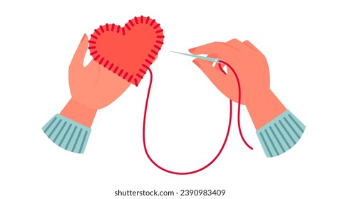 Cartoon vector illustration of hands sewing felt red heart decoration.  Sewing red heart , DIY. 