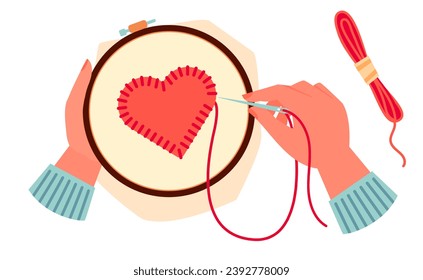 Cartoon vector illustration of hands sewing felt red heart decoration on cloth. Female hands holding embroidery hoop with  heart embroidery. 