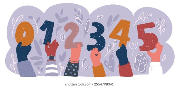 Cartoon vector illustration of Hands showing simple Set of showing big numbers. Education, birhtday, celebrating achievements concept. Cartoon comic style. Ranking and voting. Math symbols. 1,2,3,4,5,