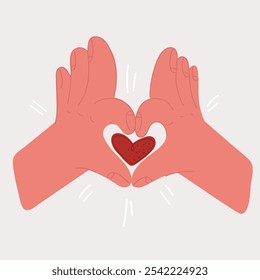 Cartoon vector illustration of hands shows red heart, health care, love, organ donation, mindfulness, wellbeing, family insurance and CSR concept, world heart day, world health day, world mental