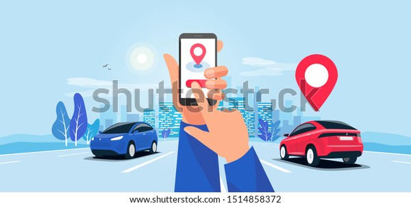 Cartoon vector illustration of hands with\
smartphone app and motorway traffic. Autonomous connected cars on\
the highway panoramic perspective horizon vanishing point view. \
Road to the city\
skyline.