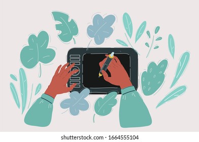 Dibujo vectorial de las manos con estímulo que se dibuja en el digitalizador. Diseñador y artista de cg.