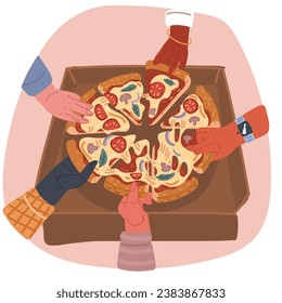 Dibujo vectorial de dibujos animados de manos sacando rebanadas de pizza de la mesa en la fiesta corporativa. Amigos hambrientos comiendo juntos comida rápida italiana. Familia sosteniendo piezas.