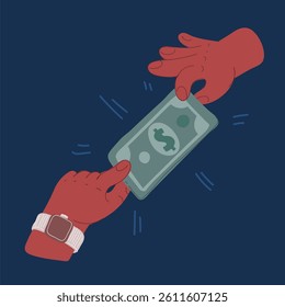 Cartoon vector illustration of hands to hands. Taking, giving money. Dollar, banknote concept. Charity, payout, paycheck, cach concept over dark background