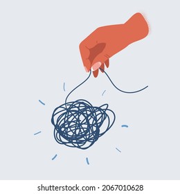 Cartoon vector illustration of hands and tangled thread. Untangling concept.