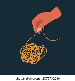 Cartoon vector illustration of hands and tangled thread. Untangling concept on dark background.