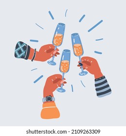 Cartoon vector illustration of Hands of three woman toasting with champagne at party