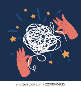 Cartoon vector illustration of Hands untangling tangle with tangled thread. Illustration of idea of curve, thought process and multitude of solutions over dark background