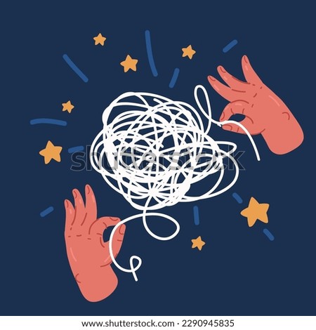 Cartoon vector illustration of Hands untangling tangle with tangled thread. Illustration of idea of curve, thought process and multitude of solutions over dark background