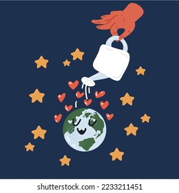 Cartoon vector illustration of Hands watering earth over dark background