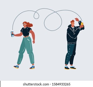 Cartoon vector illustration of handsome man and woman communicate using their phones. Meeting website. Online flirting. Using messenger. Human character on white background.