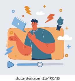 Cartoon vector illustration of Handsome man in videoblog page.